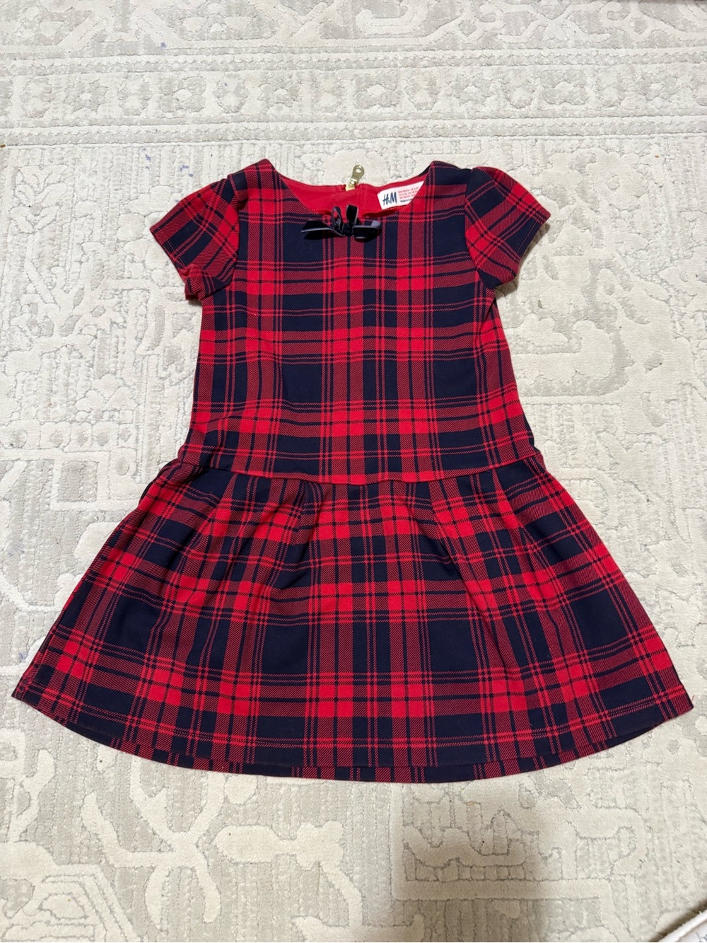 H&M Red and Navy Plaid Short-Sleeve Girls' Dress with Bow